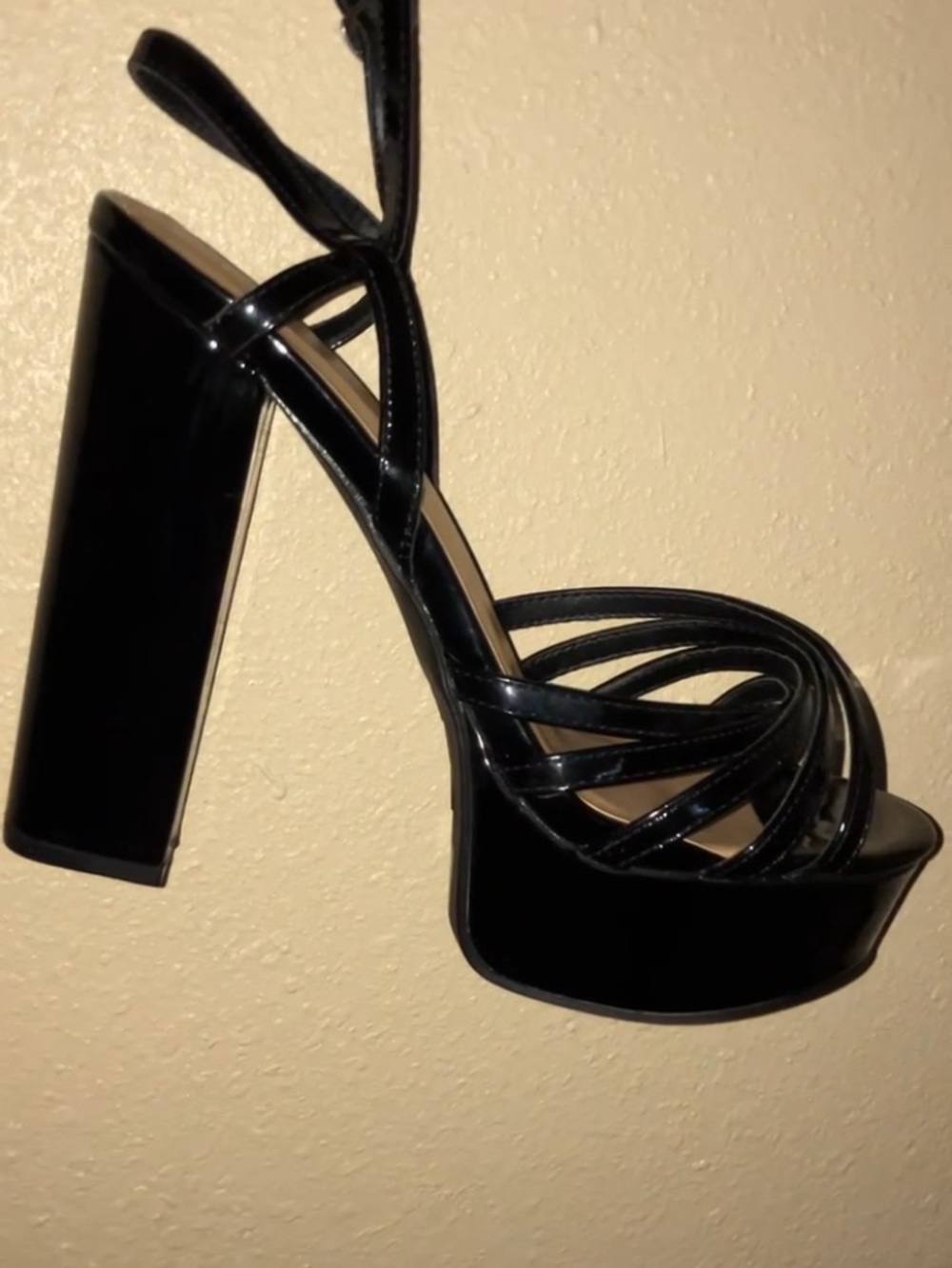 BAMBOO Black Patent Strappy Platform Block Heels - Picture 6 of 7